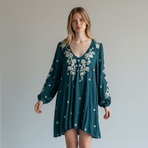 Free People Sweet Tennessee Mini Dress Teal Embroidered Open Back Size Small